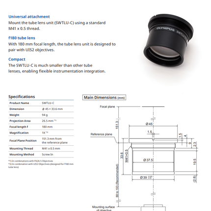 Olympus SWTLU-C Super Widefield Tube Lens Unit (f=180mm, FN 26.5, Part #N5696600)