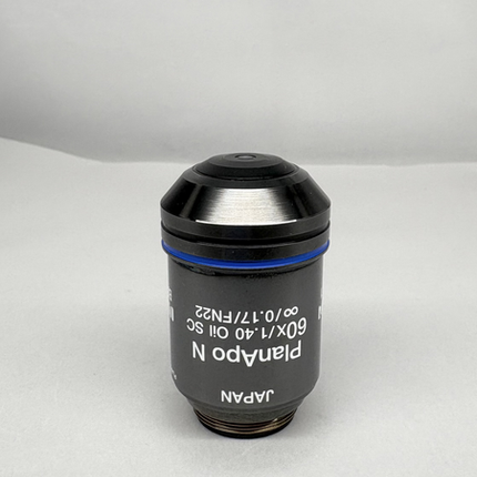 Olympus PlanApo N 60x1.40 Oil SC ∞/0.17 UIS2 A-Line Objective microscope lens with black and silver design.