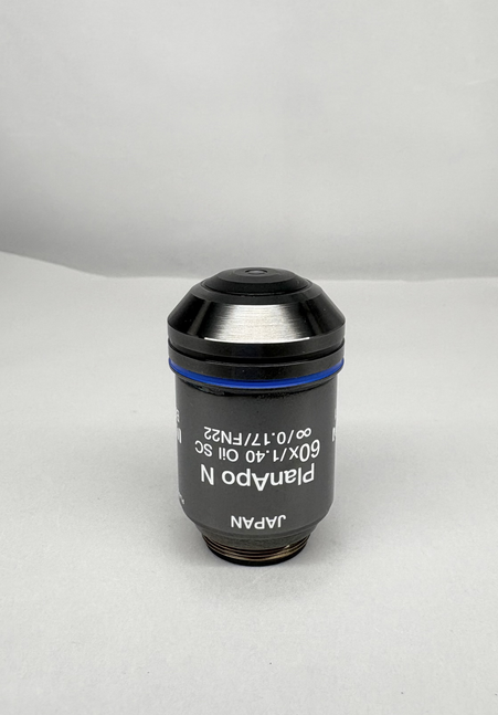Olympus PlanApo N 60x1.40 Oil SC ∞/0.17 UIS2 A-Line Objective microscope lens with black and silver design.